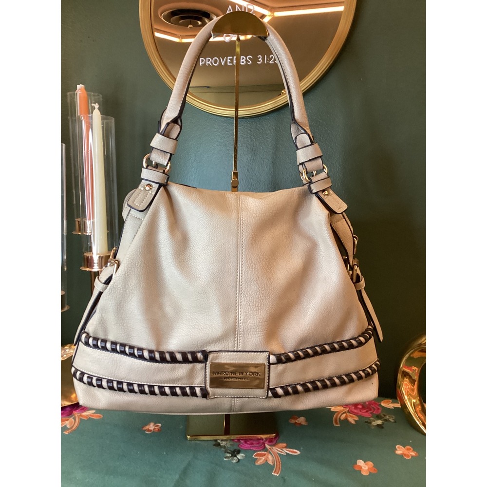 Marc New York Beige Faux Leather Shoulder Bag With Decorative Braiding
